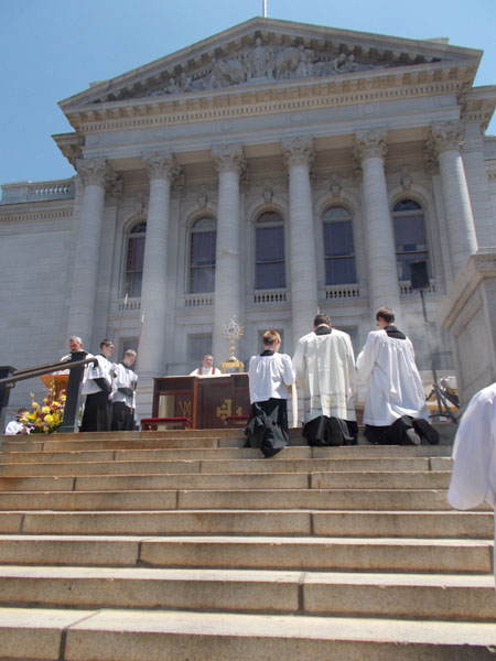 The Blessed Sacrament on the altar set up at the top of the State Street Steps of the Capitol.