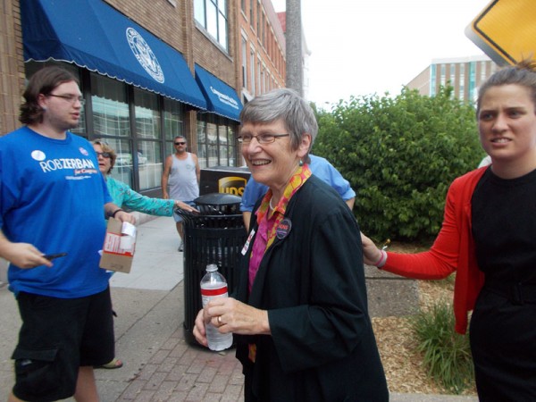 In Janesville, WI, Sr Simone Campbell of "NETWORK Lobby" with Casey Schoenberger of "Faith in Public Life"