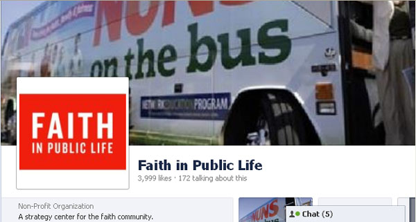 Faith in Public life on Facebook, featuring the Nuns on the Bus as their cover image
